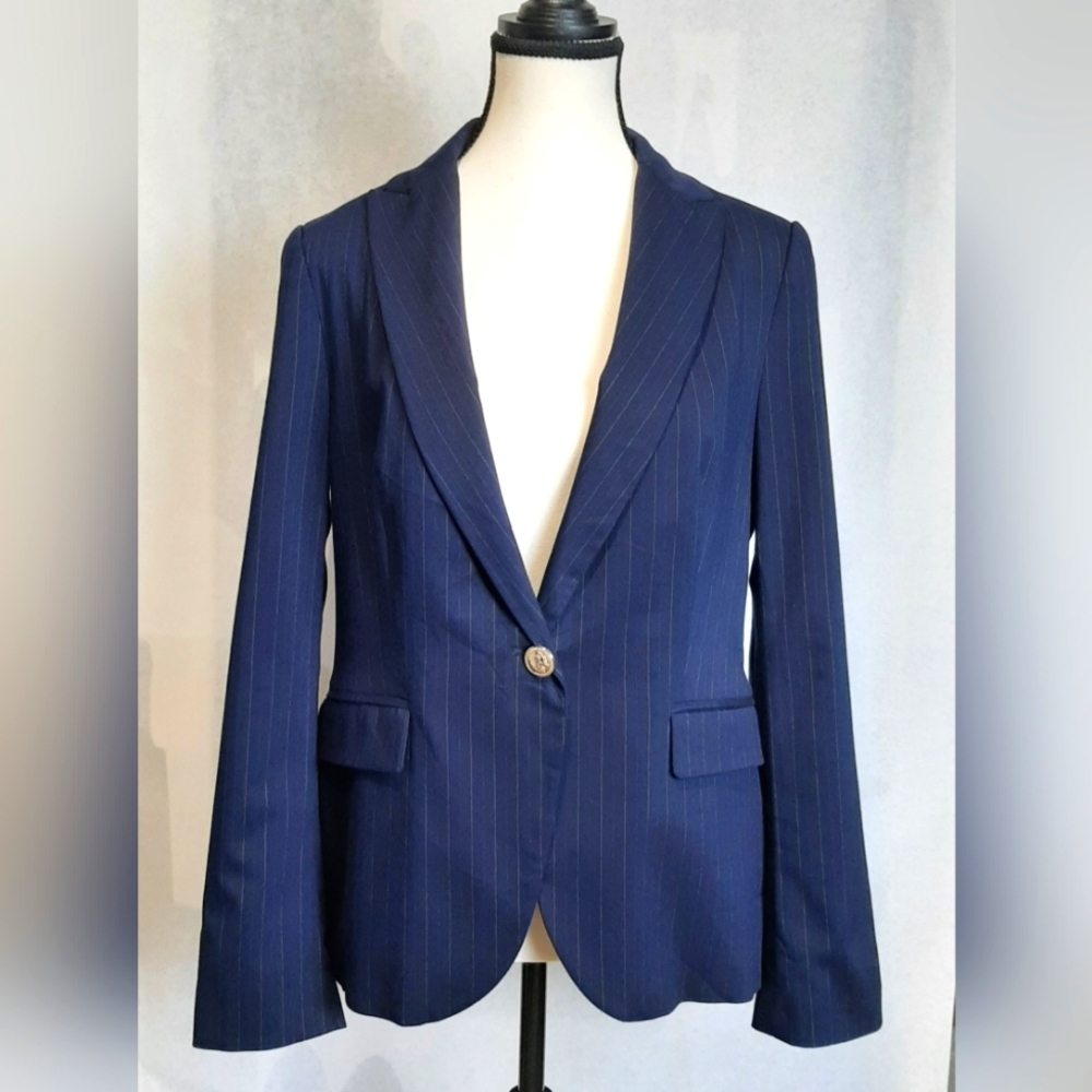 Zara Navy Pinstripe Single-Button Blazer
